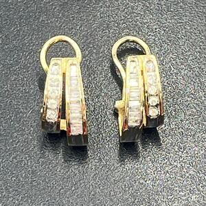 10K Yellow Gold 30 Diamonds Round  Baguette Channel Huggie Hoop Omega Earrings